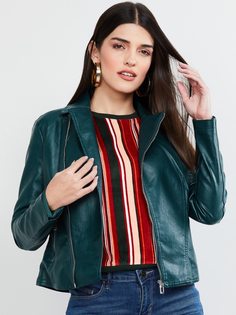 max Women Green Solid Biker Jacket