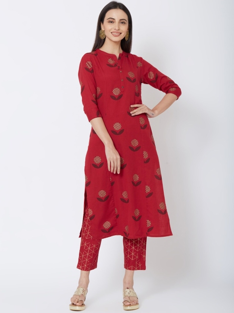 FASHOR Women Maroon Embroidered Kurta with Trousers