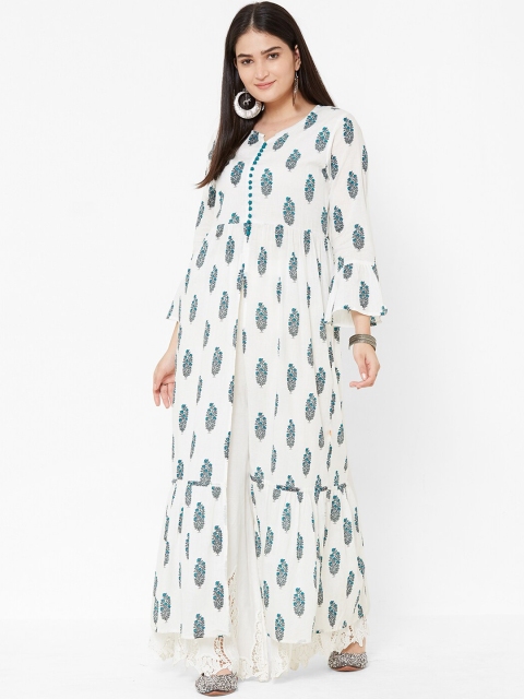 Vedic Women Off-White & Green Floral Printed A-Line Kurta