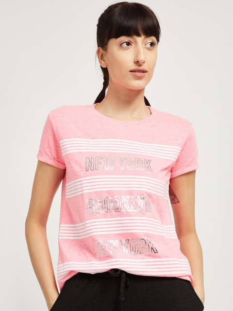 max Women Pink Striped Round Neck Pure Cotton T-shirt