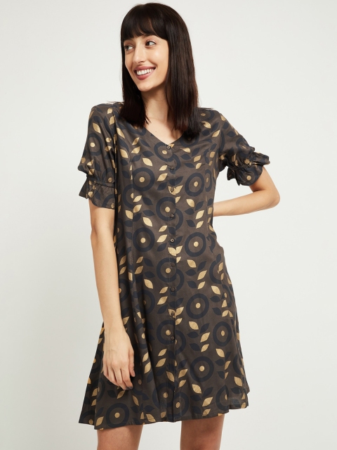 max Women Charcoal Printed A-Line Dress