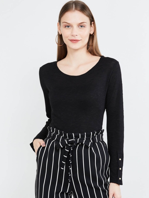 max Women Black Striped Round Neck T-shirt