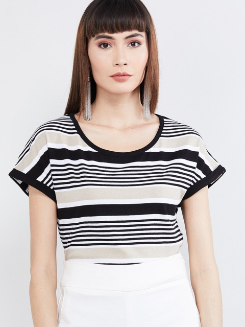 max Women Black & Beige Striped Round Neck T-shirt