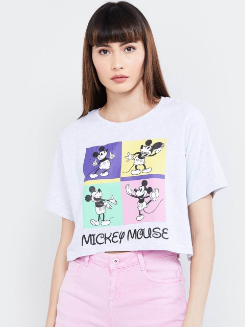 max Women Grey Mickey Mouse Printed Round Neck T-shirt