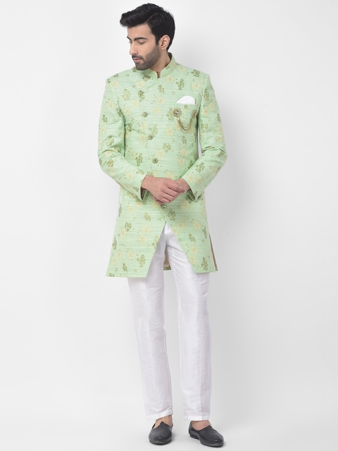 SG RAJASAHAB Men Green & White Woven-Design Sherwani Set