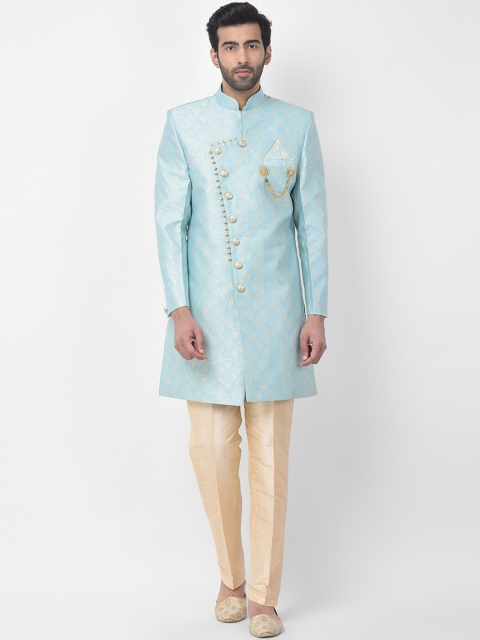 SG RAJASAHAB Men Blue & Beige Woven Design Sherwani Set
