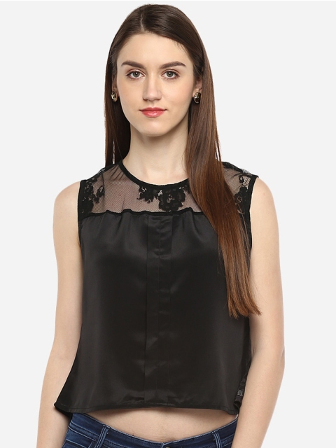 Porsorte Women Black Solid Lace Crop Top
