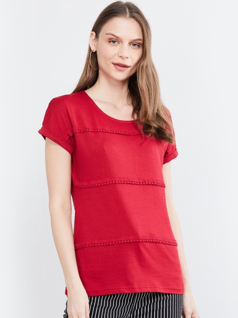 max Women Red Solid Round Neck T-shirt