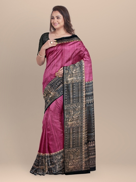 BharatSthali Pink & Black Pure Silk Madhubani Printed Saree