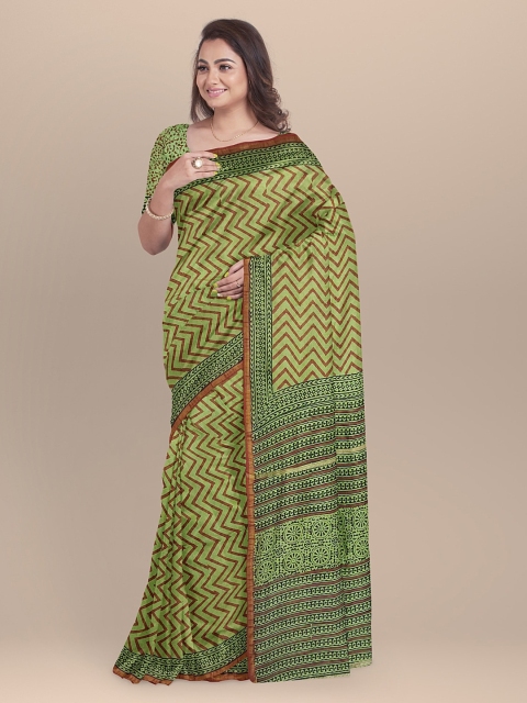 BharatSthali Green & Red Silk Cotton Printed Chanderi Sustainable Saree