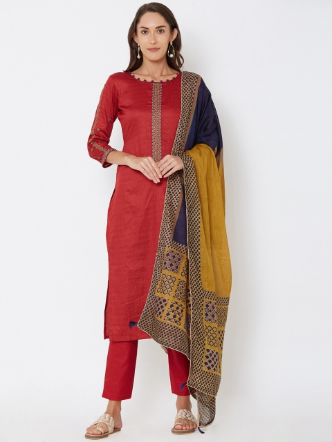 Satrani Red & Yellow Pure Cotton Unstitched Dress Material