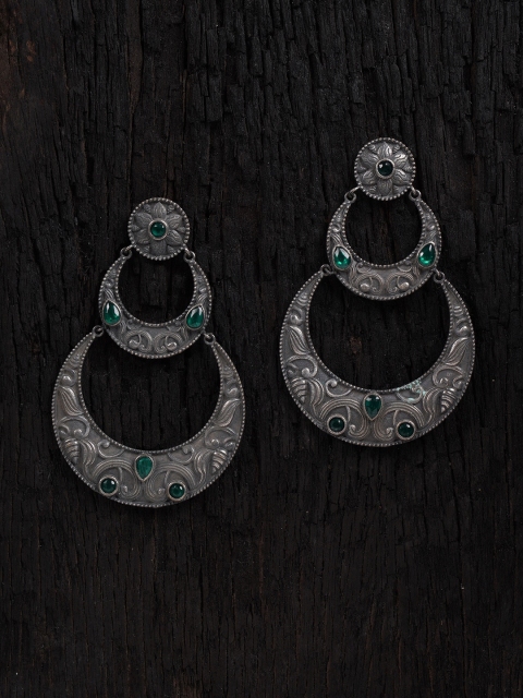 Shoshaa Silver-Plated & Green Oxidised Crescent Shaped Chandbalis