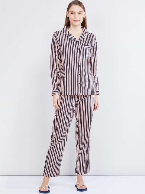 max Women Pink & Blue Striped Night suit