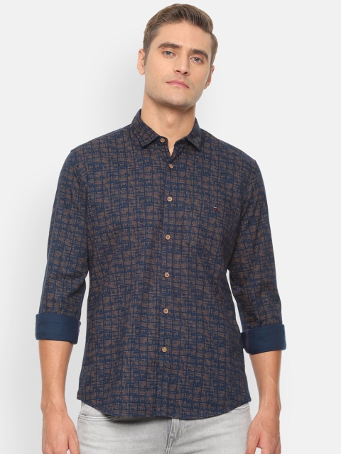 Louis Philippe Jeans Men Navy Blue & Beige Slim Fit Printed Casual Shirt