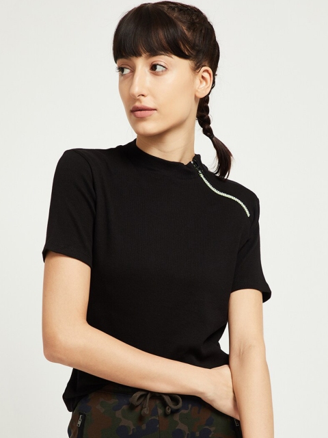 max Women Black Solid High Neck T-shirt