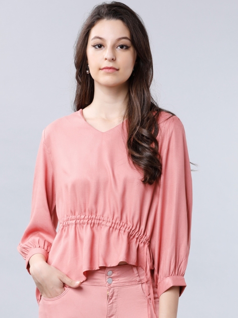 Tokyo Talkies Women Salmon Pink Solid High-Low Top