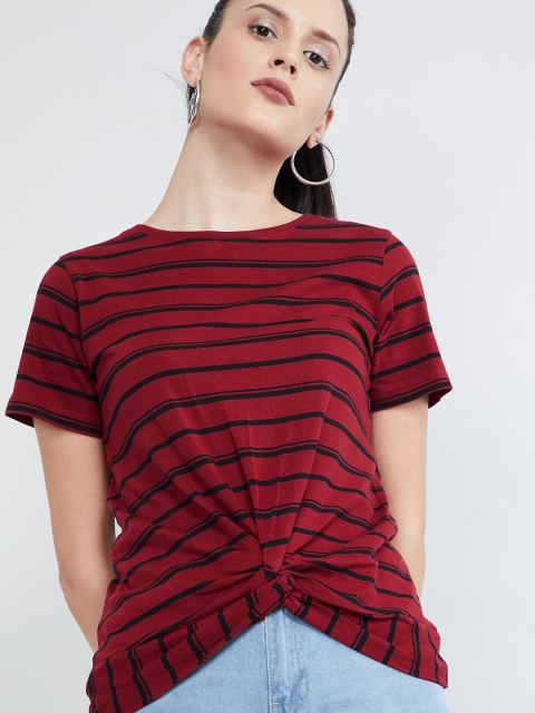 max Women Maroon Striped V-Neck T-shirt