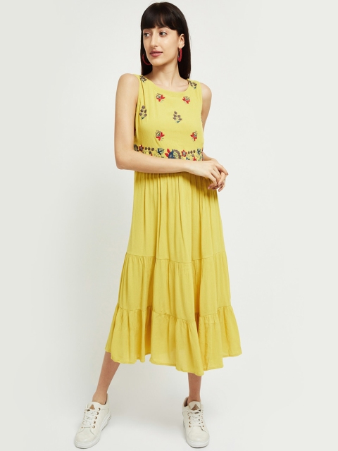 max Women Yellow Solid Fit and Flare Dress