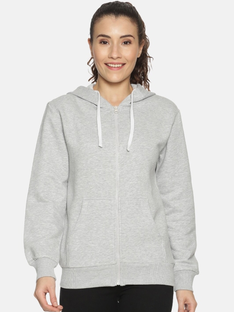 Campus Sutra Women Grey Melange Solid Hooded Sweatshirt