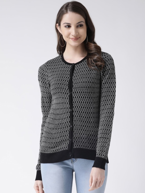 Club York Women Black & Grey Self Design Front-Open Sweater