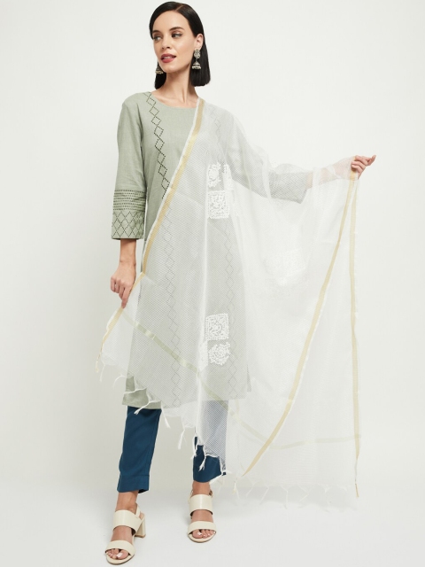 max White Woven Design Dupatta