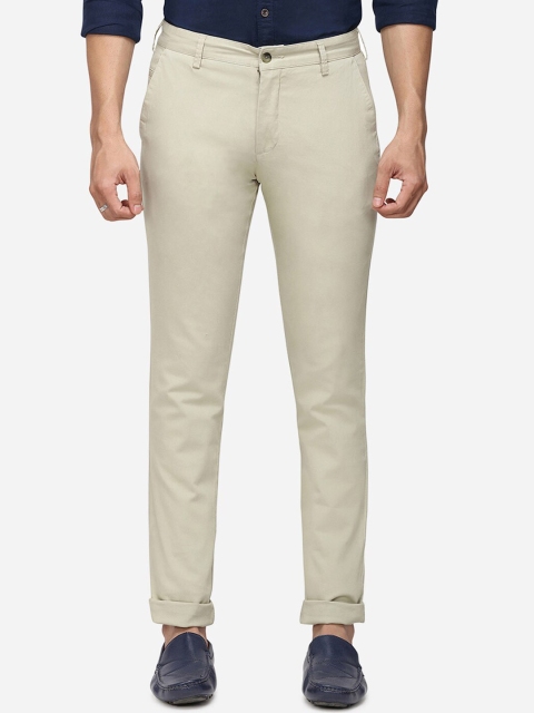 Greenfibre Men Pastel Green Slim Fit Solid Formal Trousers