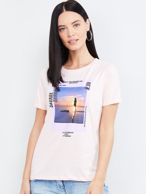 max Women Pink & Blue Printed Round Neck T-shirt 
max Women Pink & Blue Printed Round Neck T-shirt