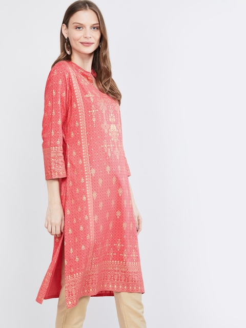 max Women Coral Orange & Gold-Coloured Printed Straight Kurta