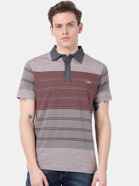 VUDU Men Maroon Striped Polo Collar T-shirt