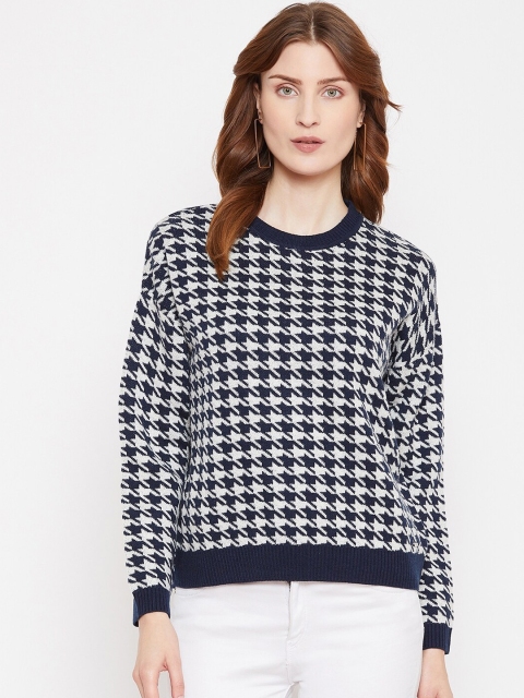 Octave Women Navy Blue & White Houndstooth Printed Pullover Sweater
