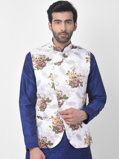 SG LEMAN Men White & Grey Floral Printed Nehru Jacket