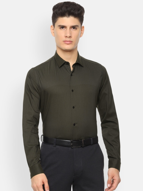 Van Heusen Men Olive Green Slim Fit Striped Formal Shirt