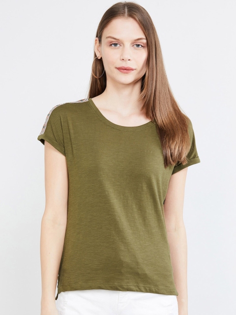max Women Olive Green Solid Round Neck T-shirt