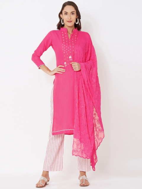 Satrani Pink & White Pure Cotton Unstitched Dress Material