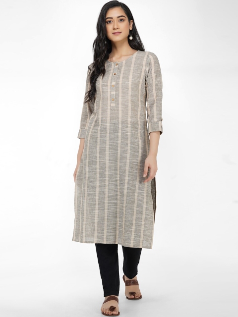 Paislei Women Beige & Grey Striped A-Line Kurta