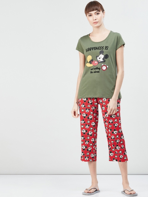 max Women Olive Green & Red Mickey Mouse Printed Night suit