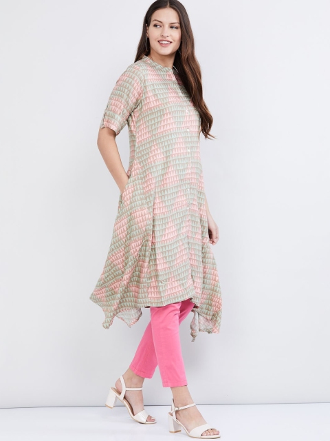 max Women Green & Pink Printed A-Line Kurta