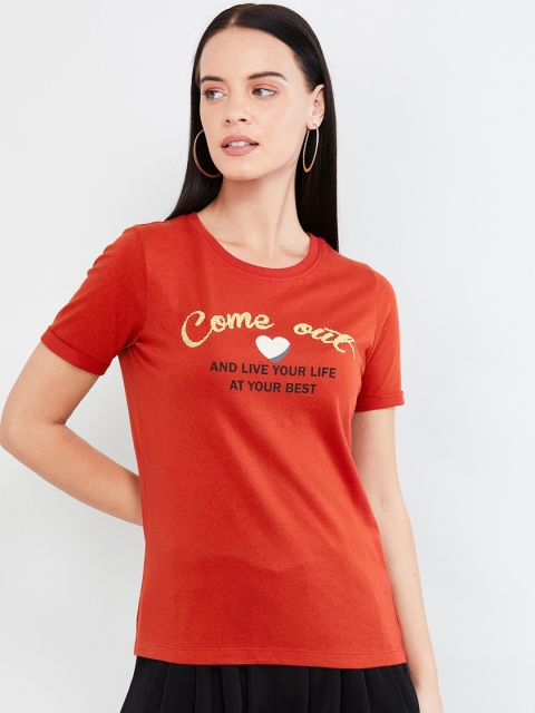 max Women Red Printed Round Neck T-shirt