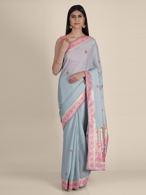 Hastakala Grey & Pink Poly Georgette Woven Design Handloom Saree