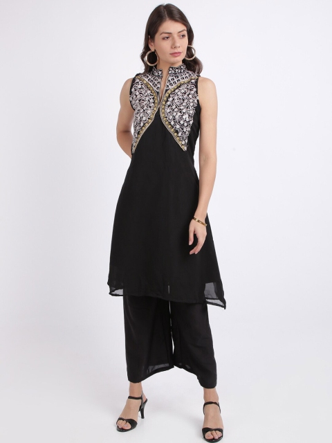 Silk Bazar Black & Off-White Poly Georgette Semi-Stitched Dress Material