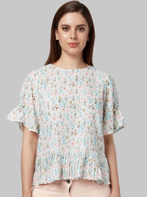 Park Avenue Woman White & Blue Floral Printed Top
