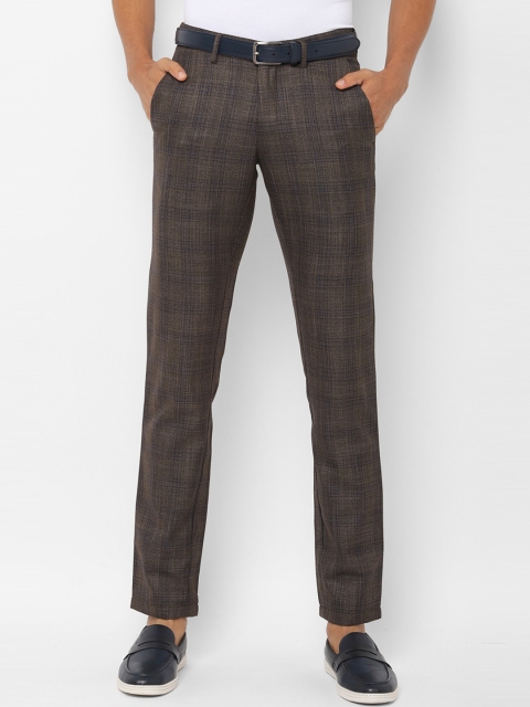 Allen Solly Men Brown & Navy Blue Slim Fit Checked Regular Trousers