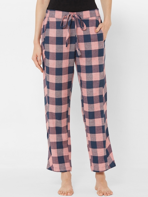 Mystere Paris Women Pink & Navy Blue Checked Lounge Pants