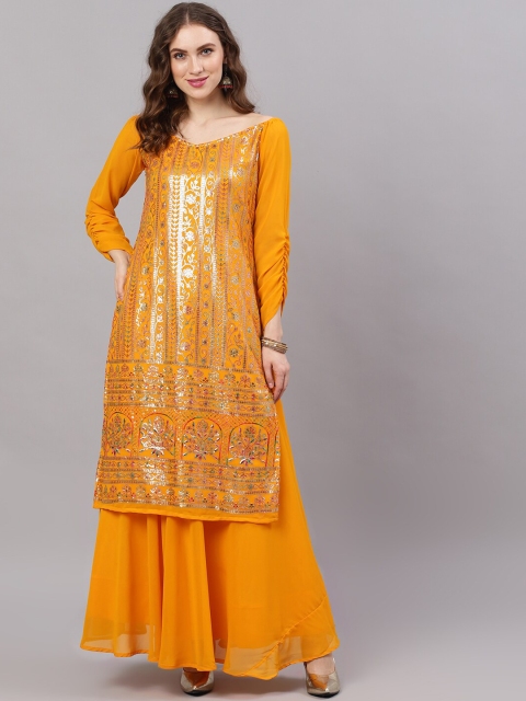 AKS Women Yellow & Gold-Toned Embroidered Made To Measure Kurta with Palazzos