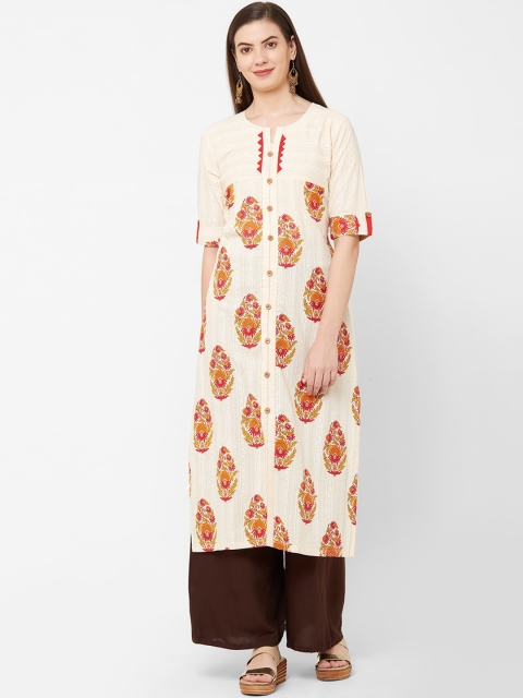 Juliet Women Cream-Coloured & Orange Printed Straight Kurta