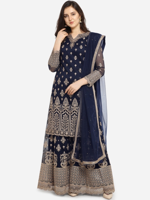 Stylee LIFESTYLE Navy Blue & Gold-Toned Net Semi-Stitched Dress Material