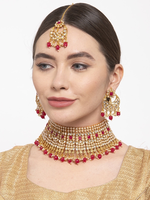 Shining Diva Women Red & White Gold-Plated Kundan Pearl Necklace Set