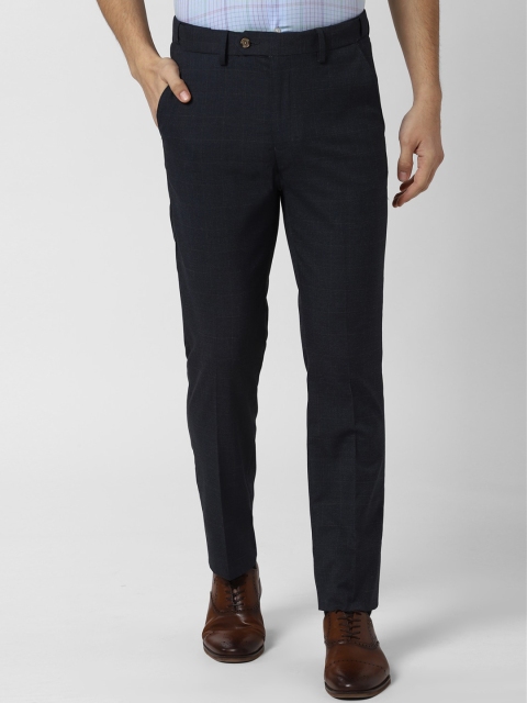Peter England Men Navy Blue Slim Fit Checked Formal Trousers