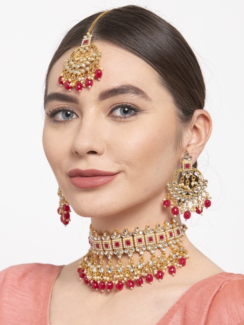 Shining Diva Women Gold-Plated Kundan Studded Beaded Jewellery Set with Maang Tika, Red