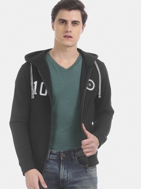 True Blue Men Black Printed Slim Fit Hooded Sweatshirt